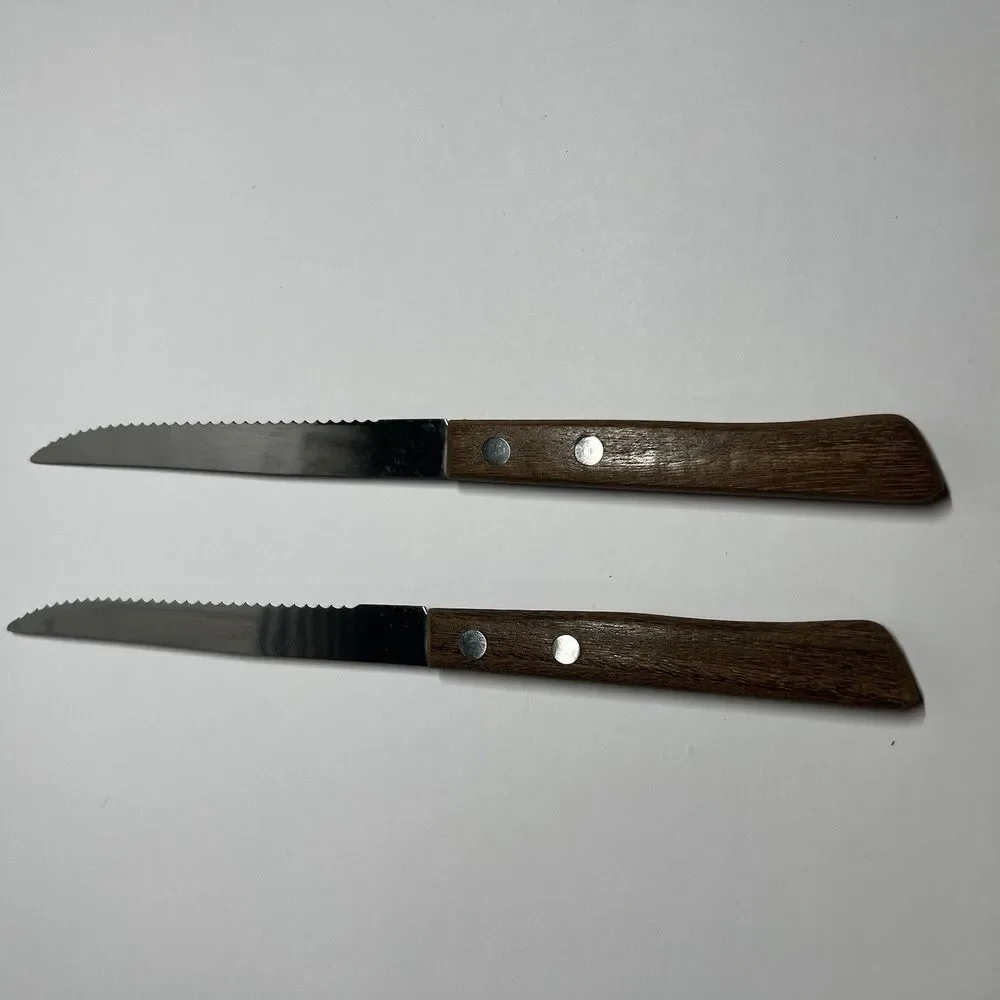 Lot of 2 Vintage Japan Stainless Steel Steak Knives Serrated Wood Handle Vtg